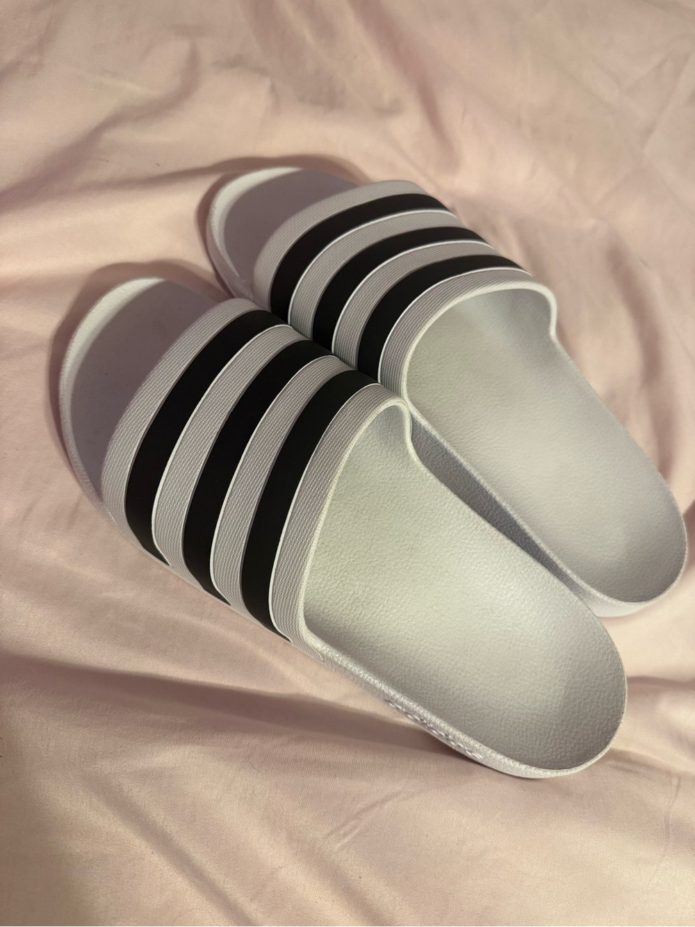 adidas White and Black Three-Stripe Slide Sandals